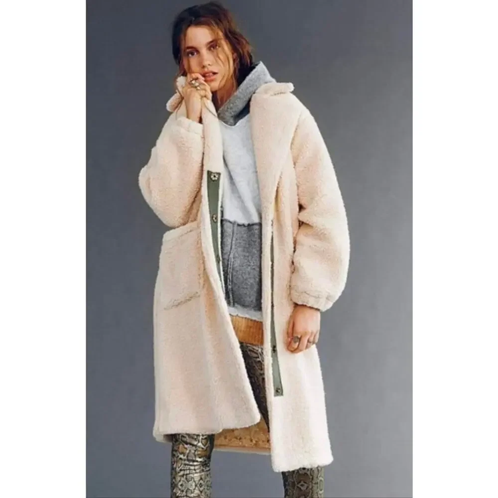 Free People Womens Tessa Oatmeal Teddy Sherpa Oversized Ivory Coat Size Small